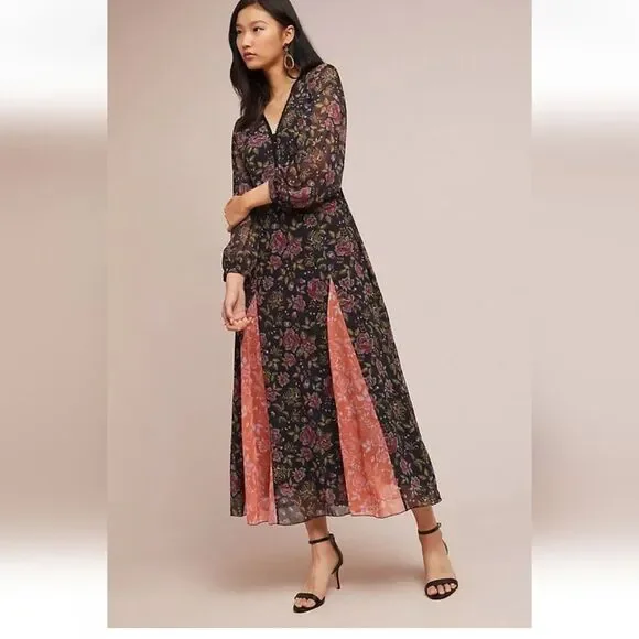 Anthropologie LAIA Ines Maxi Dress Black Floral Pleated Flare Sheath Small - Picture 3 of 9